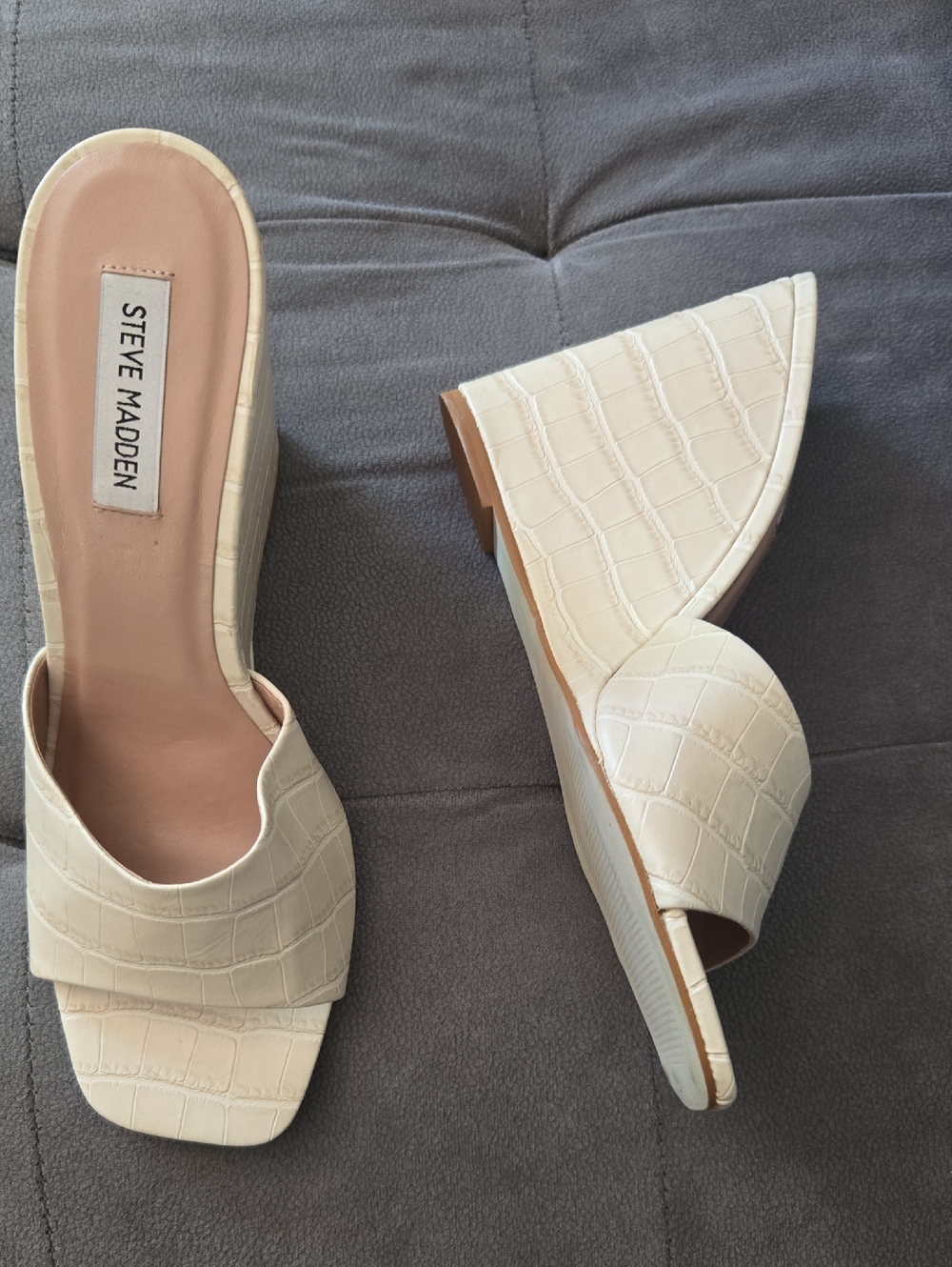 Steve Madden Cream Croc-Embossed Wedge Slide Mules